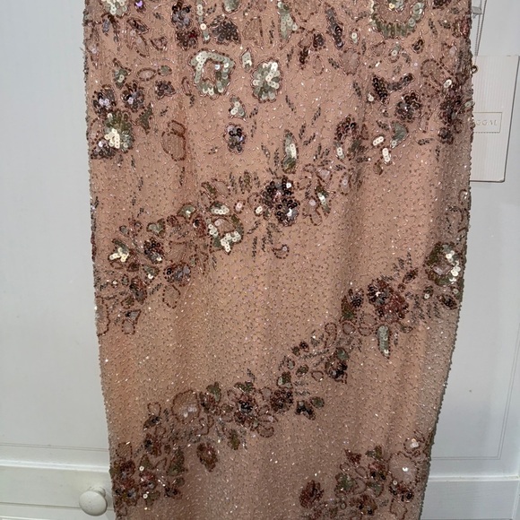 Mac Duggal Nude Silver Bateau Neck Cap Sleeve Floral Beaded Trumpet Gown Size 8 - Picture 11 of 17